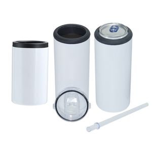 4 in 1 12 once sublimazione può Cooler bicchieri bicchieri a doppia parete in acciaio inox sottovuoto refrigeratori con due coperchi e cannucce per lattine sottili standard bottiglia di birra