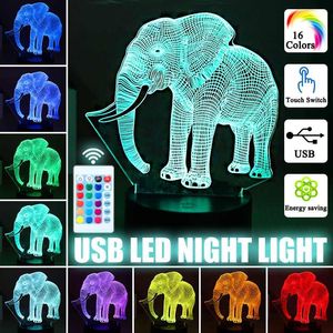 Nattljus Akryl RGB LED Bordslampa Elephant Figur För Hemrum Inredning Färgglada Ljus Kid Barngåva 3D Dekoration