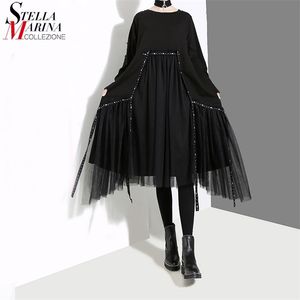 Neue Plus Größe Frau Winter Solid Black Lose Kleid Langarm Mesh Overlay Bänder Damen Casual Stil Midi Kleid Robe femme 4564 210401