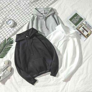Men Hoodies Sweatshirts Fleece Pullover Coat Loose Unisex Casual Hipster Match Eye-catching Tops Black Gray White Solid Color L220704