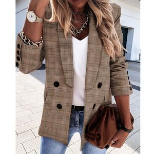 Blazer xadrez casual vintage feminino de moda de gabinete de cafeta de cafeta damas de gola com coleira longa de colar