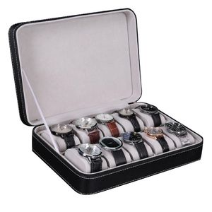 10 Slot Watch Box Opbergdozen Display Case Sieraden Organisator met verwijderbare horloge kussen Velvet voering zipper sluiting Synthet281Q