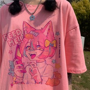 Tecknad tryck vacker flicka söt anime kortärmad y2k sommar kvinnors t-shirt japanska gatupar trendkläder