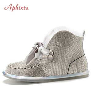 Aphixta Bling Crystal Winter Snow Boots for Womenフラットヒールラインストーンダイヤモンドカウスエードウォームプラッシュシューズ女性Y200915