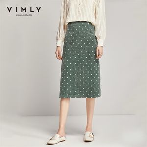 Vimly Women Skirt Autumn Spring Dots White Print Midi Skirt High Weist Elegant Female Bottom F3592 210306