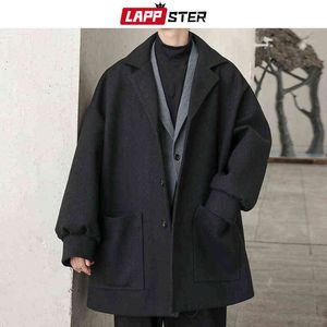 LAPPSTER Oversized Men Korean Solid Winter Coat Wool Coat Male Black Harajuku Trench Coat Flannel Button Jackets And Coats 201120 T220810