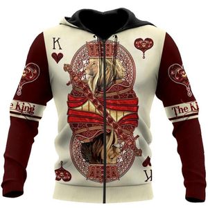 Erkek Hoodies Sweatshirts Aslan Poker Zip 3D Grafik Kral Kalpler Baskılı Spor Giyim Streetshirts Harajuku Hoodiemen's