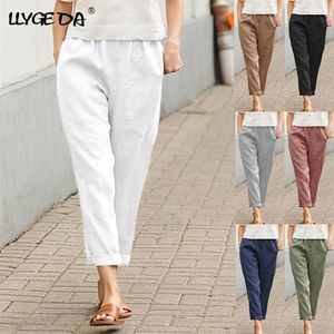Cotton Linen Big Pocket Thin Women's Pants Solid Elastic Waist Pant For Women Summer Straight White Homewear Trousers 220325