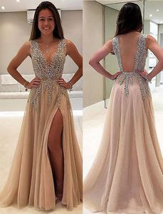 Sukienki długi Prom Nowy seksowna głębokie V Neck Side Split Even Even Every Wear Stung Champagne Organza A Line Vestidos de Fiesta Estidos