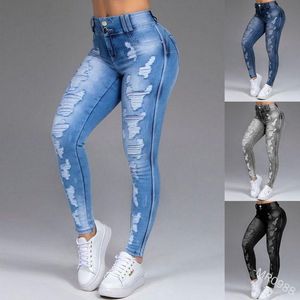 Jeans da donna Pantaloni a matita con buco strappato oversize Pantaloni Jeggings solidi taglie forti Pantaloni estivi in denim slim a vita alta casual da donna