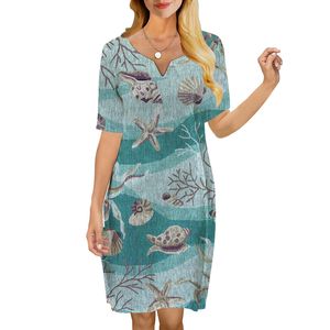 Mulheres vestido mar conchas padrão 3d impresso vneck solto casual manga curta vestido de mudança para vestidos femininos regulares 220616