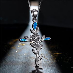 Colares de pingentes de colar de flores de rosa fofo de rosa Cadeia de cores prata de prata vintage Branca Blue Opal Cruz para WomenPenda