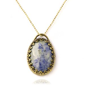 Colar de pedra de cristal natural pendente oval cabochão de contas de latão de bronze brasão de jóias de ovo azul para mulheres