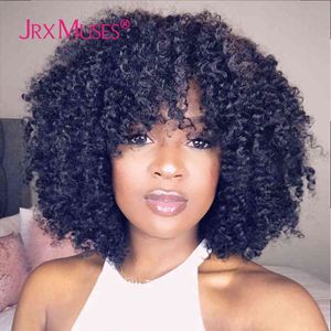 200 densitet Curly Wig With Bangs Human Hair Machine Made Fringe Short Bob Thick Afro Kinky S For Black Women 220707