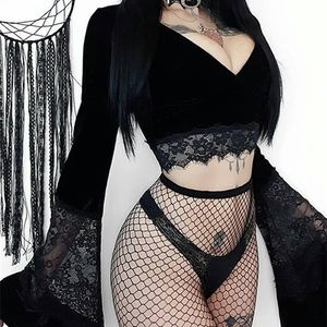 Ingoth Sexy Women Gothic Crop Top Flare Long Sleeve Lace Hollow Out Black T Shirt Retro Bodycon Female V Neck S Elegant