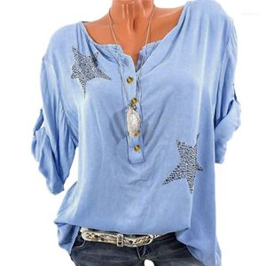 Mulheres Blusa Mulheres O-pescoço Botão de Manga Longa Estrelas Star Drill Plus Size Tops Linen Material Blusas Camisas