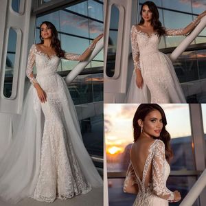 Abiti da sposa eleganti a sirena in pizzo con strascico staccabile Abiti da sposa a maniche lunghe Abito da sposa su misura a coda di pesce