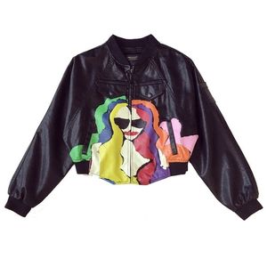 LANMREM hip hop Autumn Black PU Leather Print Short style Jacket Women Streetwear Loose Bat Coat Female YJ631 201030