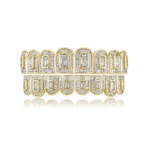 14K Real Gold Plated CZ Teeth Grillz 8 Top 8 Bottom Hip Hop Body Fashion Cosplay Costume Diamond Vampire Fang Grills for Men Women