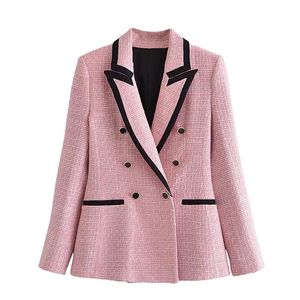 Women's Suits & Blazers Blazer Women Pink Tweed Jackets Woman Autumn Double Breasted Female Elegant Textured Long Sleeve