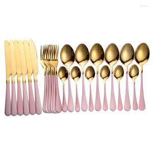 Учебные посуды наборы 24pcs Gold Dableware Set Pink Handling Plateware Cutlerving 24 кусочки Golden Forks Ножи ложки из нержавеющей стали.