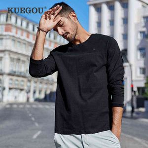 Kuegou 100% algodão branco masculino de manga longa Moda de manga longa Patchwork Bordado de outoumer