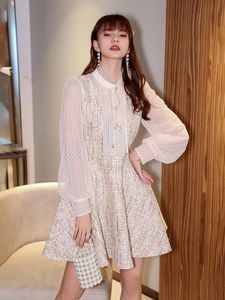 Runway Dresses Elegant Lace-Up Ruffles High Neck Celebrity Chic Mesh Long Lantern Sleeve Button Ruched Patchwork Mini Ball Gowns