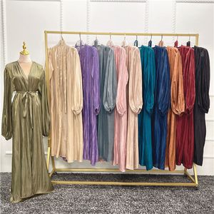 Ethnic Dresses Clothing Eid Djellaba Abaya Dubai Shiny Soft Cuff Sleeves Muslim Dress Silky Kimono Turkey Islam Abayas With Belt