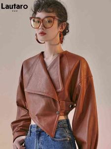 Lautaro Spring Autumn Brown Short Asymmetrical Faux Leather Jacket Women European and American Style Fashion Designer Clothes L220728