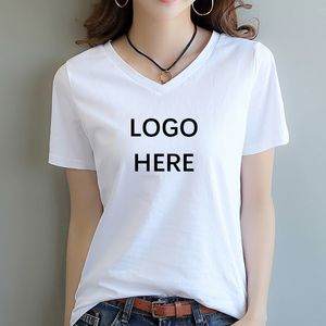 DIYレディースVネックTシャツ卸売ブラックホワイトレディースソリッドカラートップティーOEMブランクTシャツカスタマイズHFCMT073