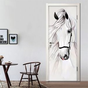 Adesivi per porte 3D autoadesivi dipinti a mano cavallo bianco arte astratta pittura murale camera da letto sala studio murale carta da parati Decor 220426