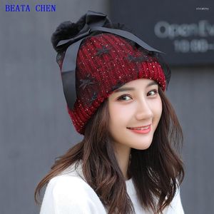 Beata Chen Cappello Invernale Femminile Lavoro a Maglia Filato di Lana Doppio Strato Caldo Garza Netta Capelli Gioventù Joker Cap Beanie/Cappelli con Teschio Oliv22