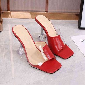 Transparent high-heeled sandals women 2022 new style square head sexy wine glass heel