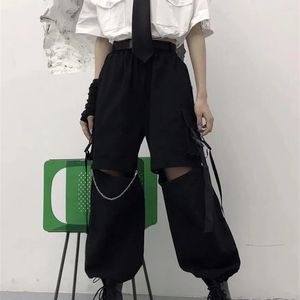 HOUZHOU Gothic Streetwear Women's Cargo Pants with Chain Punk Techwear Black Oversize Korean Fashion Wide Leg Trousers Alt 220325