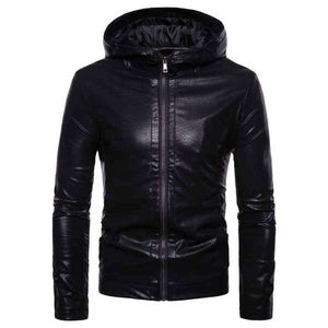 Men Autumn Winter Motorcycle Leather Jacket Oversize XXL Hooded Faux Leather Biker Jacket Boys Outerwear Windbreaker Black Coat L220725