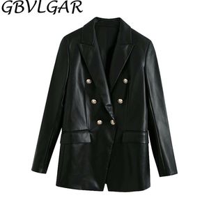 Women Fashion Notched Double Breasted PU Leather Blazers Coat Casual Straight Long Sleeve Back Vents Female Outerwear Chic Tops 220402