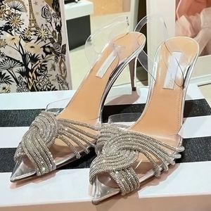 Top elegante zomermerken gatsby sandalen schoenen puntige teen slingback pompen kristal swirls pvc toecaps hoge hakken jurk feestje bruiloft EU35-43