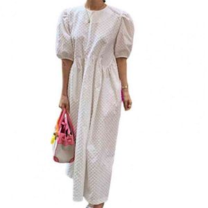 Ny elegant söt stil lång klänning puffärmad överdimensionerad prickar bomullsblandning damer maxi sommarklänning för kvinnor streetwear l220705