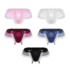 Men's G-Strings Mens Sissy Shiny Soft Satin Lingerie Double Layers Floral Lace Back With Big Bowknot Low Rise Bikini Thong UnderwearMen's