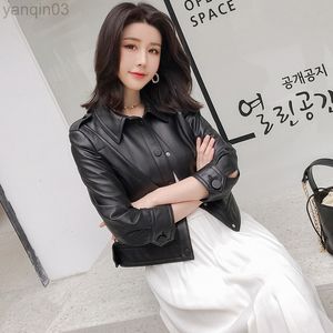 ラウタロ秋のショートブラックレザージャケット女性スリーブターンダウンカラーフェイクレザーシャツカジュアル女性韓国ファッション7XL L220801