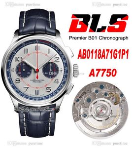 BLS Premier B01 42mm Eta A7750 cronografo automatico orologio da uomo acciaio bianco quadrante blu indici cinturino in pelle AB0118A71G1P1 Super Edition Puretime 03d4