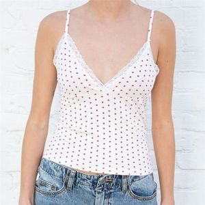 Heart Print Slim Cotton Tops Summer Sweet Ladies Sexy V Neck Lace Y2k Camis Blouses Women Vintage Cute Boho Crop Top Chic 220514