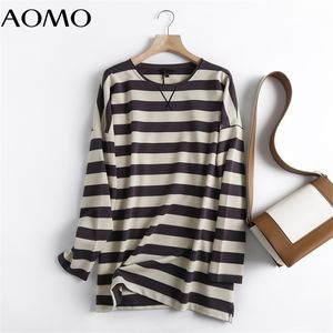 AOMO Women High Quality Striped Print Sweatshirts Oversize Long Sleeve O Neck Loose Pullovers Female Tops 6D42A 220816