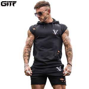 GITF Hip hop Hole set sportivi da uomo palestra Tuta da allenamento da corsa abbigliamento da strada maschile Running Fitness set da 2 pezzi da uomo 201128