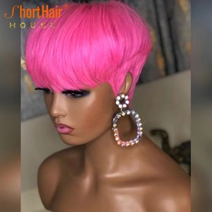 Peruca de corte curto Pixie de cor rosa com franja Perucas retas brasileiras 100% peruca de cabelo humano para mulheres feitas à máquina