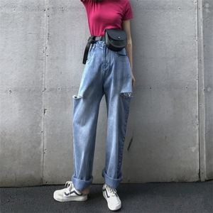 Kvinna jeans hög midja rippade jeans försäljningsartiklar för kläder brett ben denim kläder blå streetwear mode vintage byxor t200608