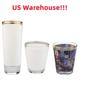 Local Warehouse 1.5oz 3oz Sublimation shot glasses tumbler White Patch golden rim Wine Glasses Heat Transfer Printing White Glass Blank Sublimation Tumbler