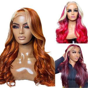 Top Closures Body Wave Ginger Highlight Color 30 Inch Red 13x4 Synthetic Lace Front Heat Resistant Preplucked Cosplay For Women