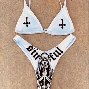 Women Funny Letters Print 2Pcs Bikini Suits Deep V-neck Detachable Breast Pad Sling Tops with Triangle Bottoms Swimsuits 220622