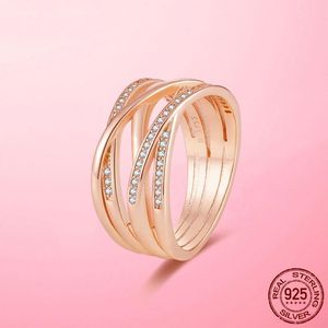 Helt ny 925 Sterling Silver Gold Rings glittrande polerade linjer Rose Gold Pave Wedding Engagement Diy Original smycken för kvinnor